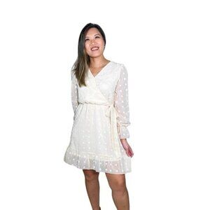 Cream Swiss Dot Surplice Neck with Tie Waist Dress